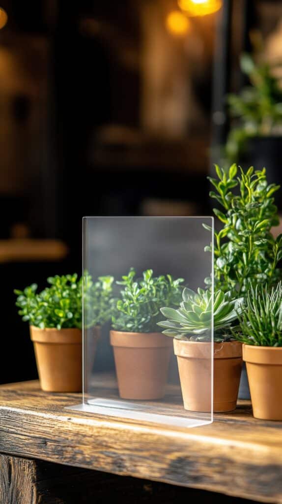 Price signs in the garden selling trees, soil, fertilizer, and gardening equipment. Clear Acrylic Sign Holder with Small Potted Plants on Rustic Wooden Table Customized plexiglass in Bozeman, Montana