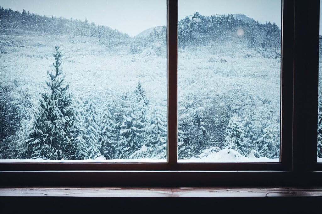 Snow-covered insulated glass window in Bozeman Montana